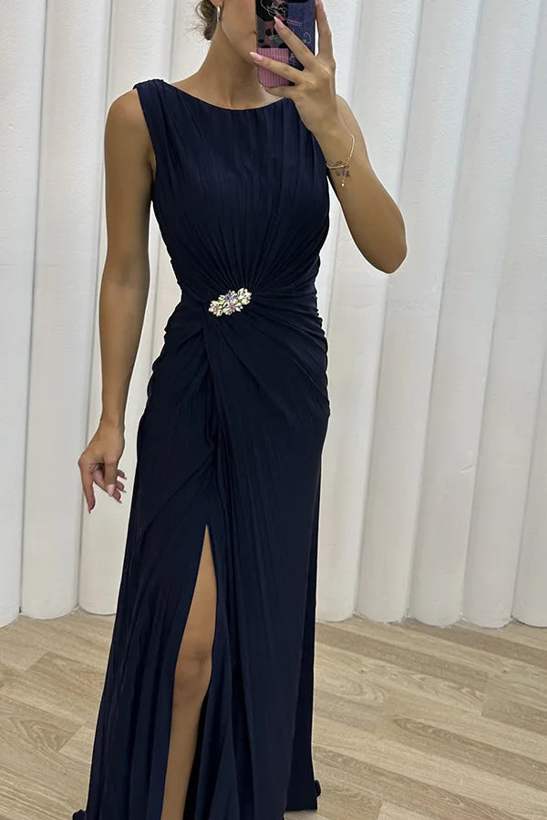 Women Sexy Dress New Sleeveless Solid Party Slim Empire Split Female Elegant Round Neck Fashion Long Clothing