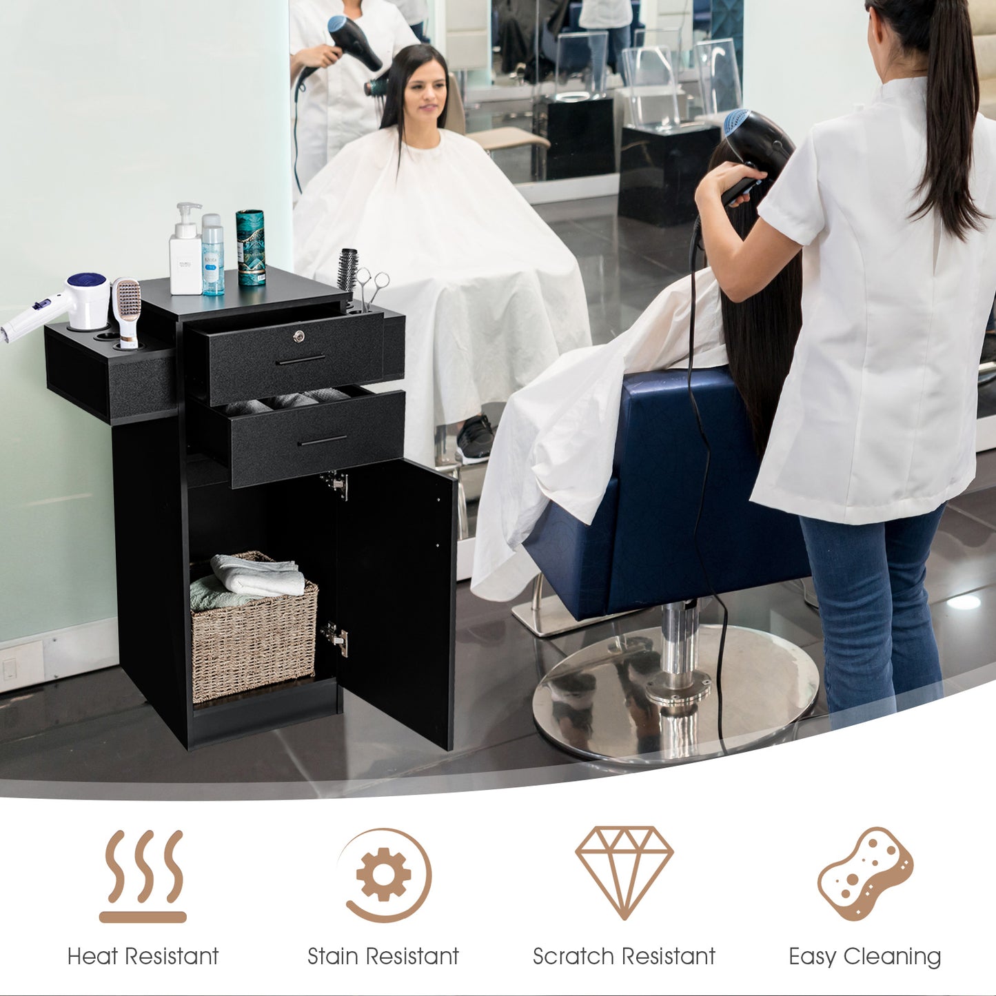 3-Tier Locking Salon Storage Cabinet with 2 Drawers and 6 Hair Dryer Holders-Black