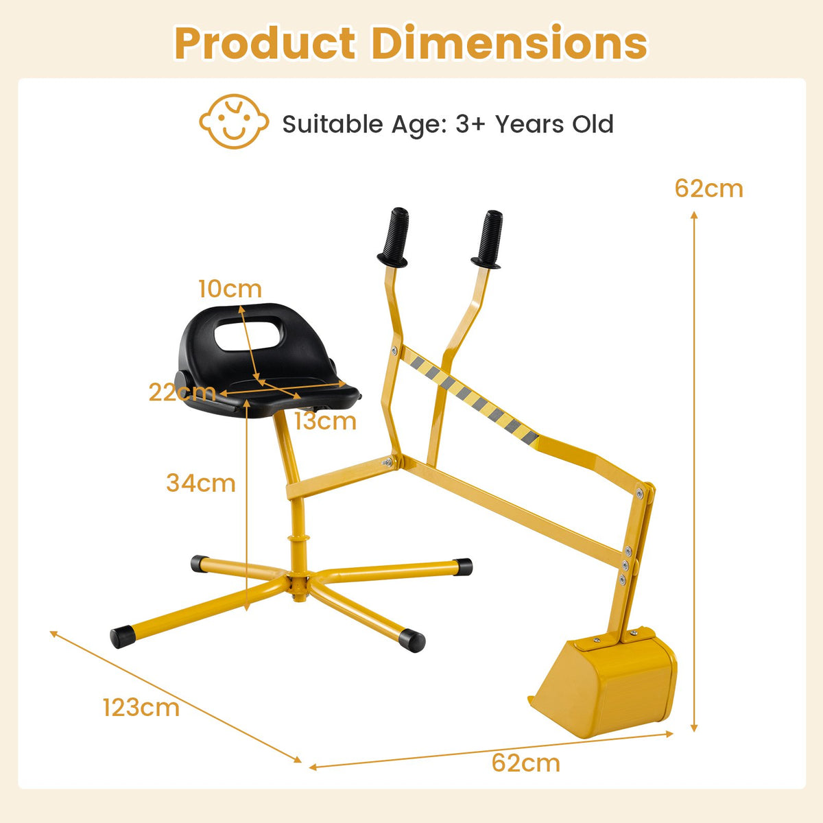 Sand Digger for Kids Sandbox Toy Digger with 360° Rotatable Function-Orange