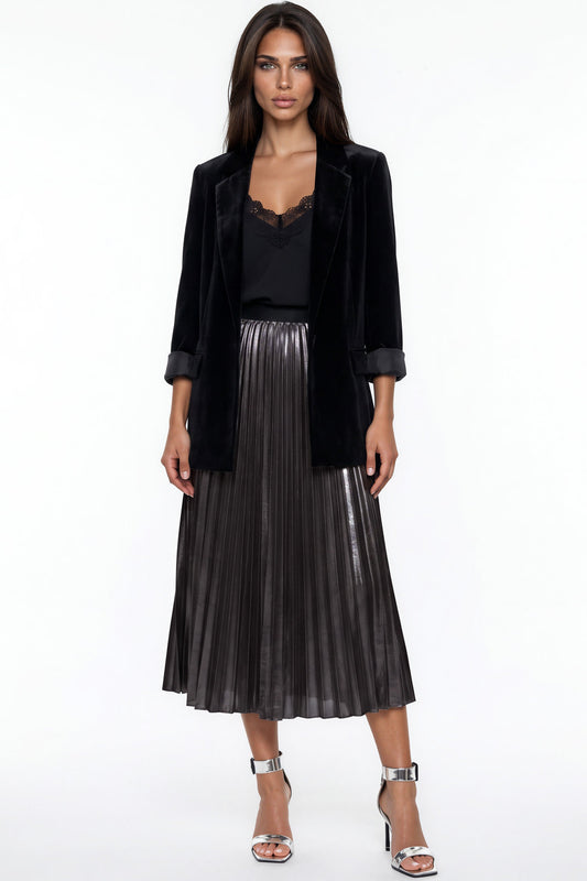 Black Satin Pleated Midi Skirt