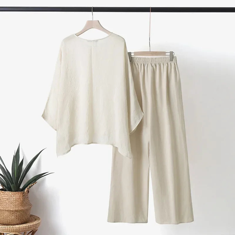 2024 Summer Fashion Cotton Linen Women's Set Large Irregular Linen Shirt High Waist Loose Wide Leg Pants Elegant Two Piece Set