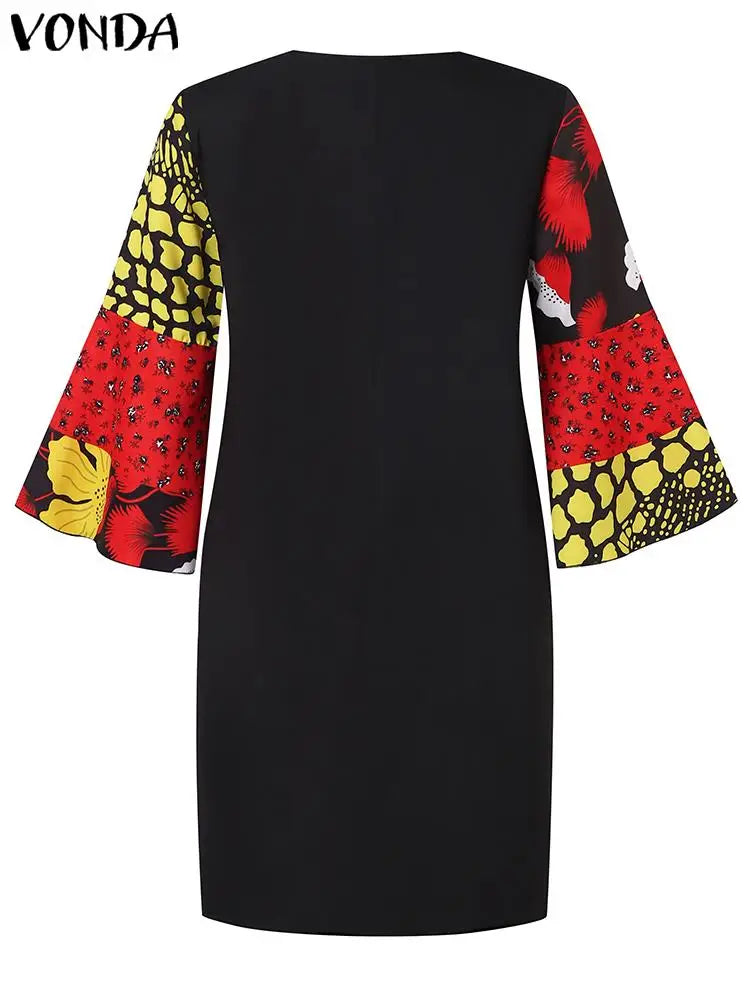 Plus Size 5XL VONDA Women Bohemian Printed Dress 2025 Summer Short Dress Flare Sleeve Party Sundress Casual Vestido Robe Femme