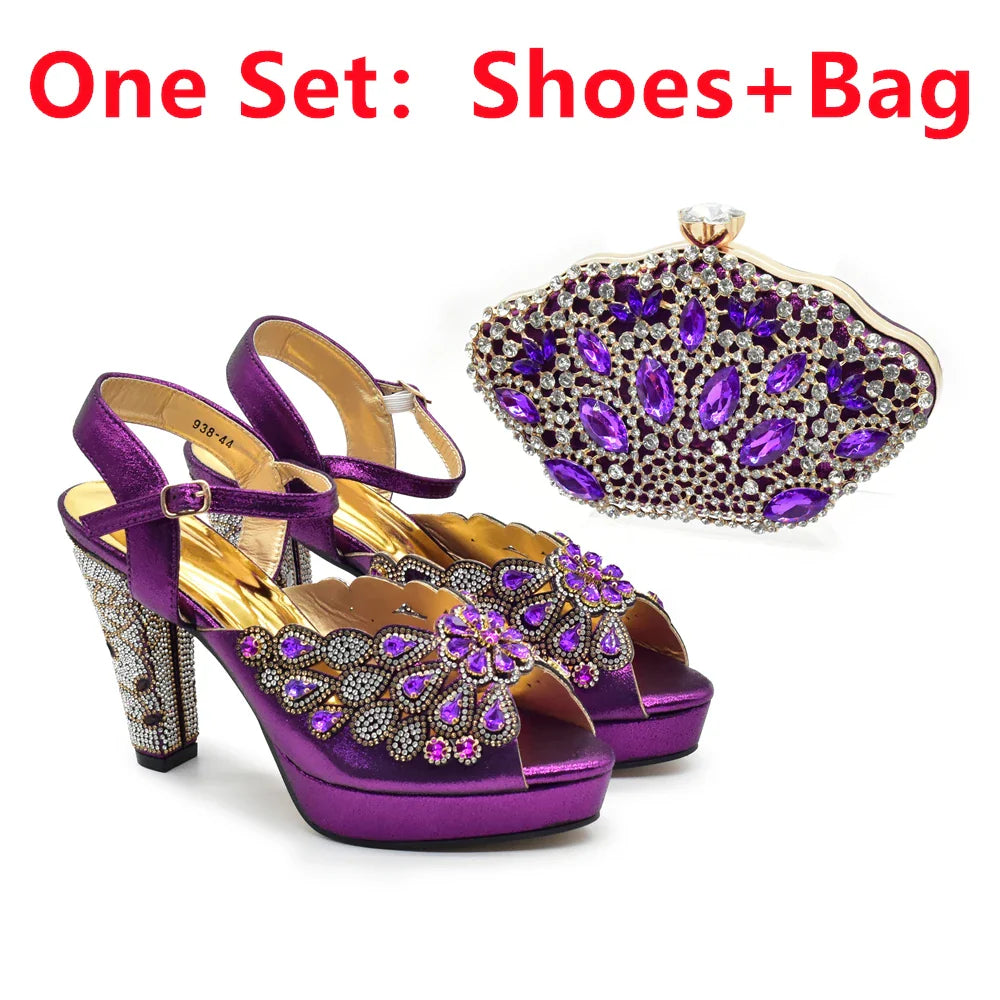 2024 Fashion Black Color High Quality Peep Toe Thin Heels Shoes Matching Bag Set for Nigerian Party Women Women Shoe Size 43