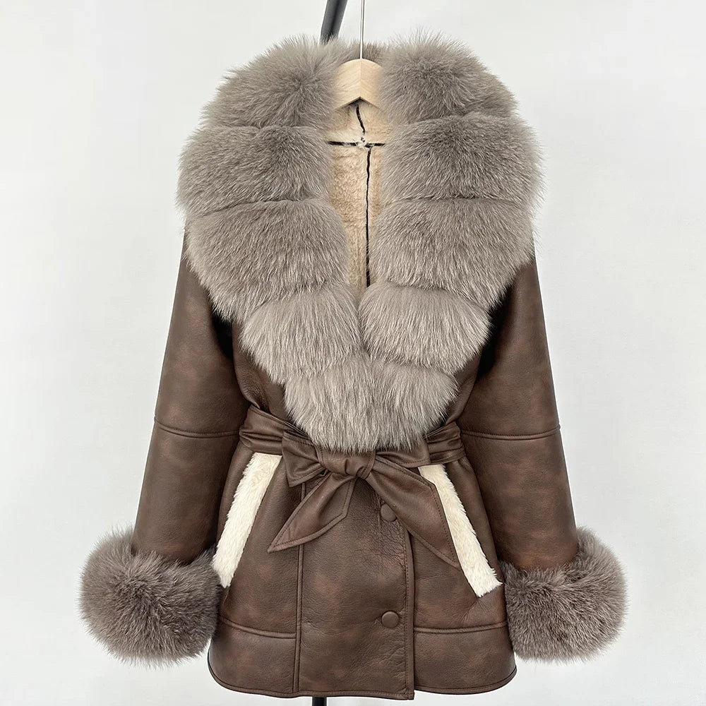 Women's Large Faux Fur Leather Jacket Warm Autumn Winter Outwear High Street Style Thick Warm Fur Turn-Down Collar Single Breasted
