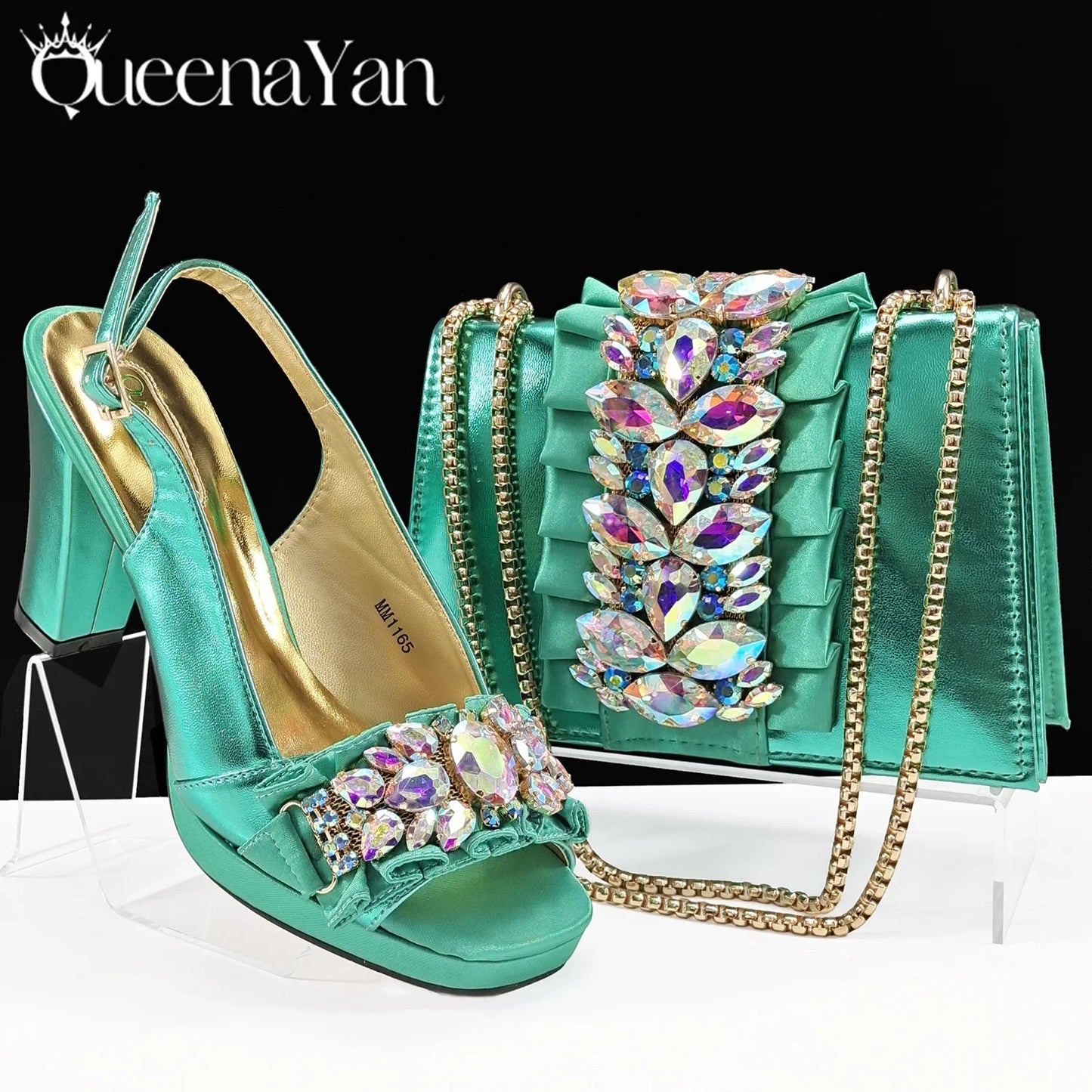 Queena Yan Spot goods INS Gold Color Elegant Women Heels Shoes and Bag Set Decoration Rhinestones Women High Heels Shoes