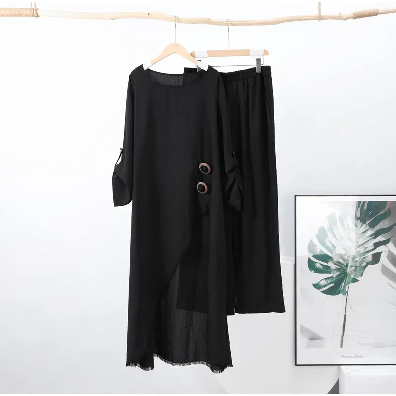 Casual Pants Set Women Loose Irregular O-neck Half Sleeves Pullover  Wide Leg Pants Sets Female Spring Summer Stylish Suit Lady