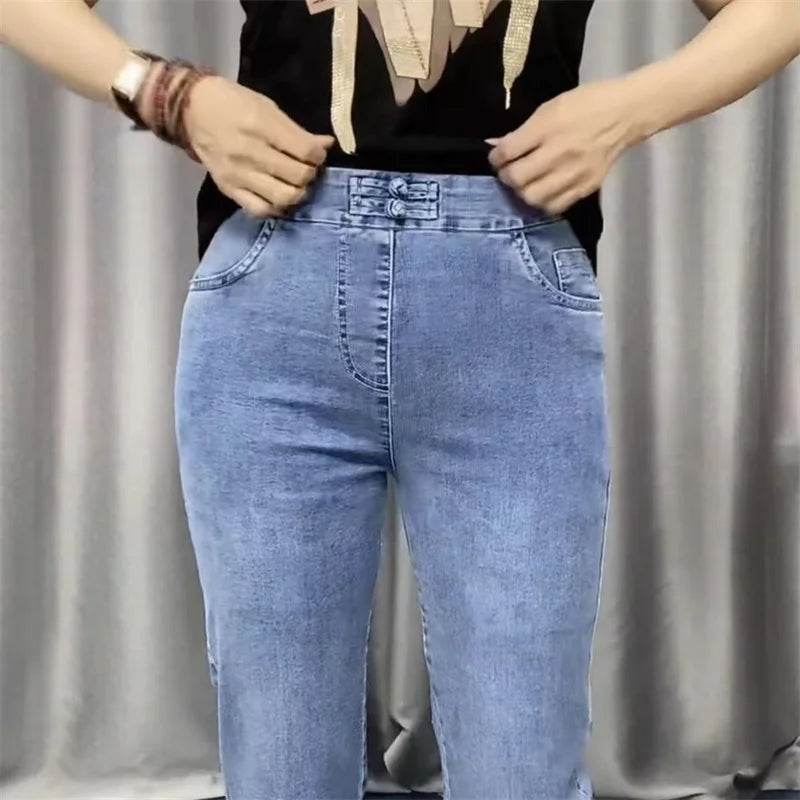 2024New Spring Autumn High Elasticity Women Jean Korean Loose Straight Ankle-Length Cowboy Pants Female Extends Denim Pants Lady