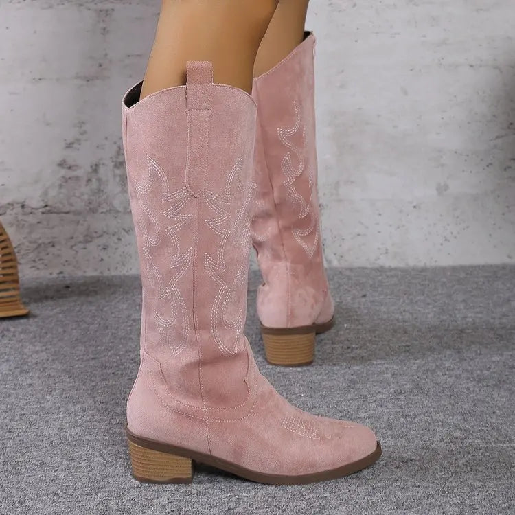 Women Chelsea Cowboy Knee High Boots for Women Mid Heels Walking Shoes Winter Fashion Zipper Chunky Boots Pumps Punk High Botas