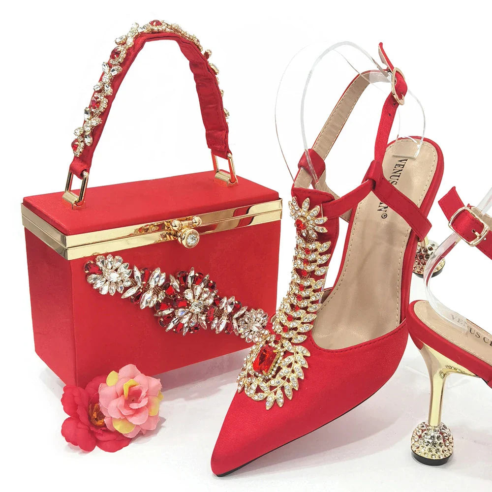 Women's Diamond Decorated Pointed Toe Italian Shoes And Bag Set