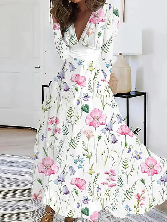 Autumn Floral Elegant Party Long Dress For Women Sexy Deep V Neck Long Sleeve Slim White Print Casual Maxi Dresses 2024 Spring