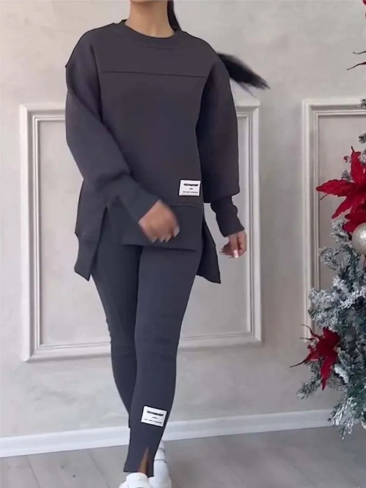 Women's Casual Sweatshirt Sports Set Autumn Winter Fashion Solid Loose Irregular Sweatshirt Top And Slim Trouser Two Piece Sets