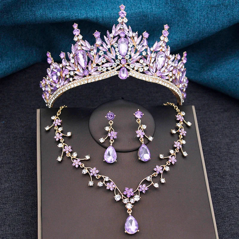 Baroque Wedding Crown for Bride 3-pack Tiara Earrings Necklace Bridal Jewelry Set Champagne Crystal Costume Party Birthday Gift