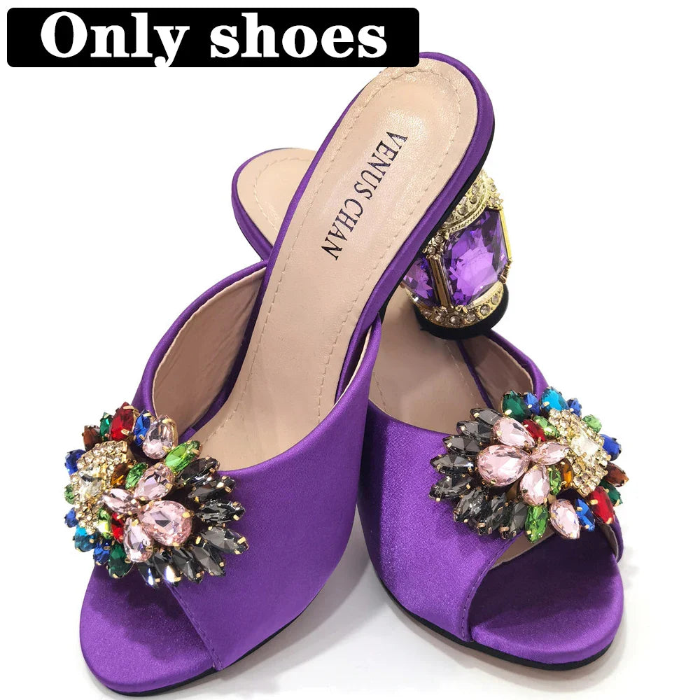 2022 Yellow Color Luxury Rhinestone Heel Fashion Party Women's High Heels Elegant Evening Sandals Wedding Bags and Shoes with