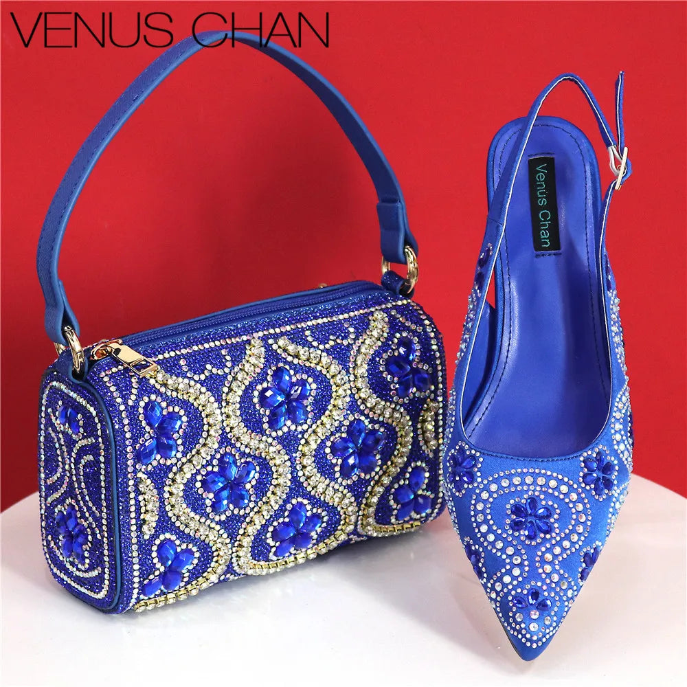 Elegant And Sexy Fuchsia Color High Heels Shoes And Bag With Rhinestone Embellished Toe Is Comfortable Women's Shoes For Party