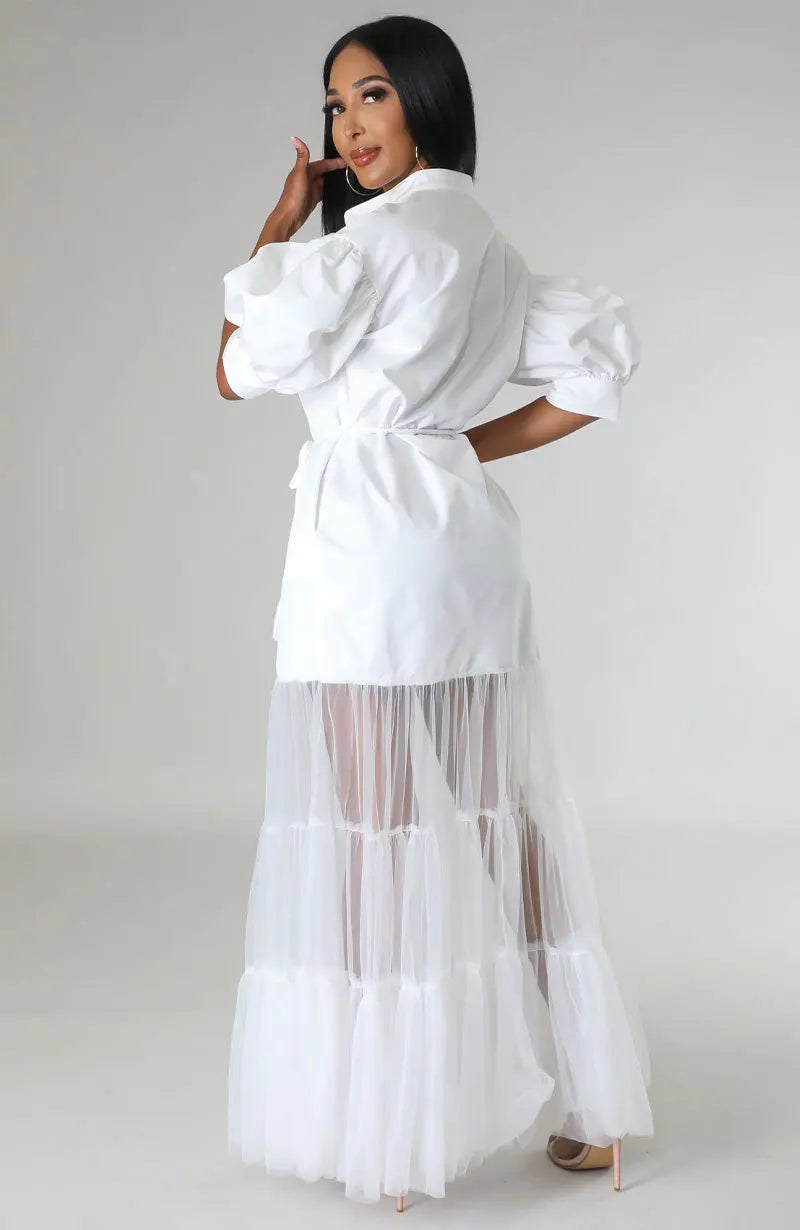 Fashionable White Lace Shirt Short Sleeve Dresses For Women'S Summer New Elegant Lace-up Pocket Lace Shirt Long Dress Female