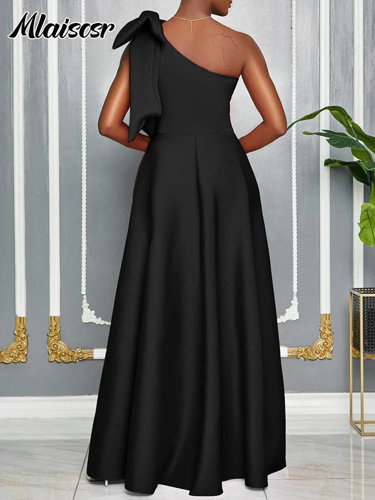 Mlaiscsr Slash Collar One Shoulder Big Bow A-Line Evening Dresses Women Elegant Red African Pleated Wedding Party Birthday Robe