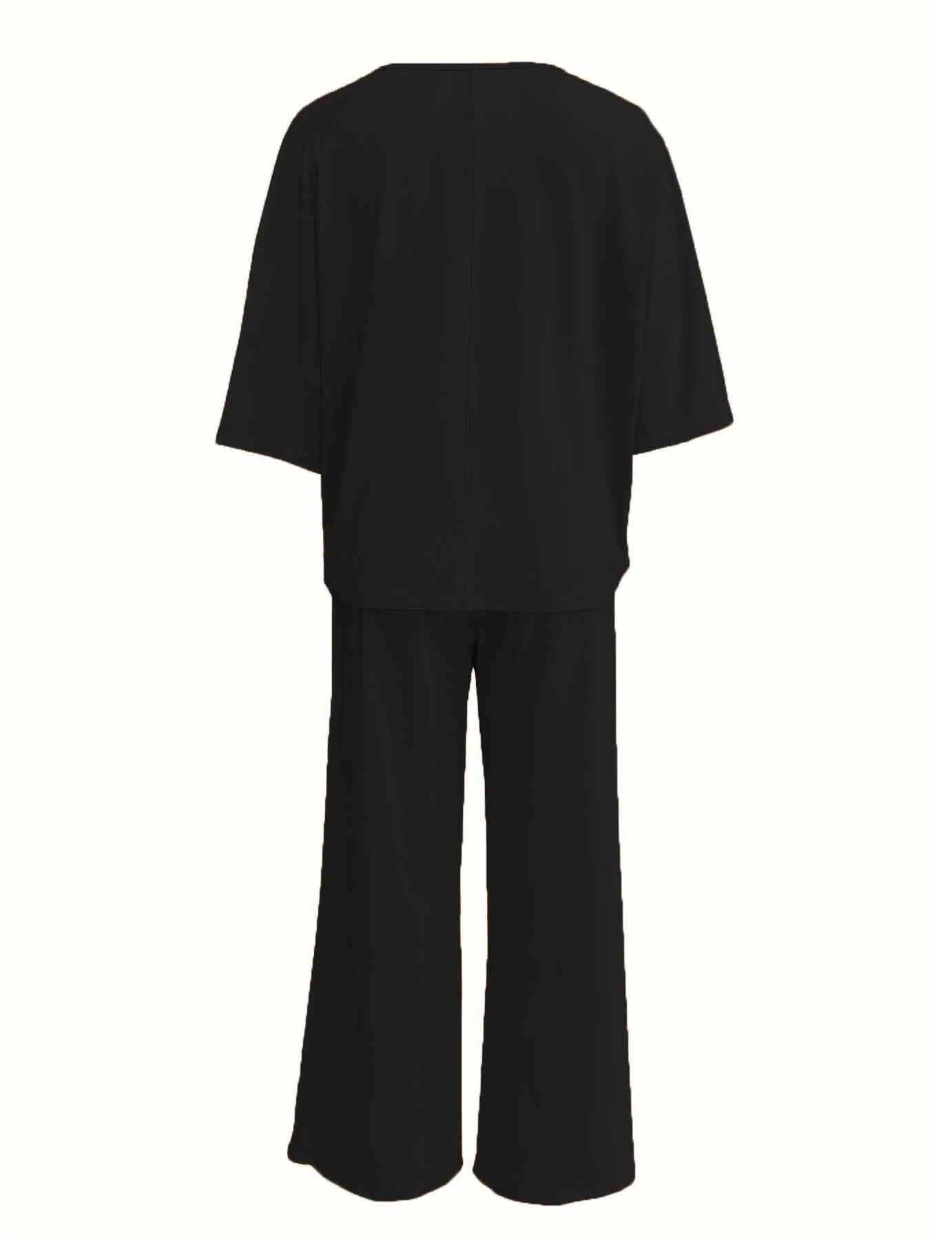 Cross border Europe and America 2025V collar bat sleeve casual loose wide leg pants set for women