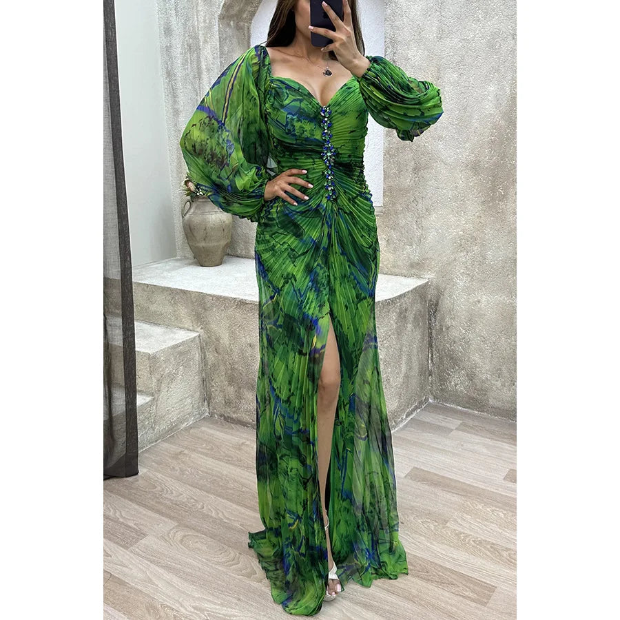 Women Floral Lantern Long Sleeve Dress Elegant Rhinestone Off Shoulder Maxi Dresses Sexy Deep V-neck  Waist Split Parties Dress