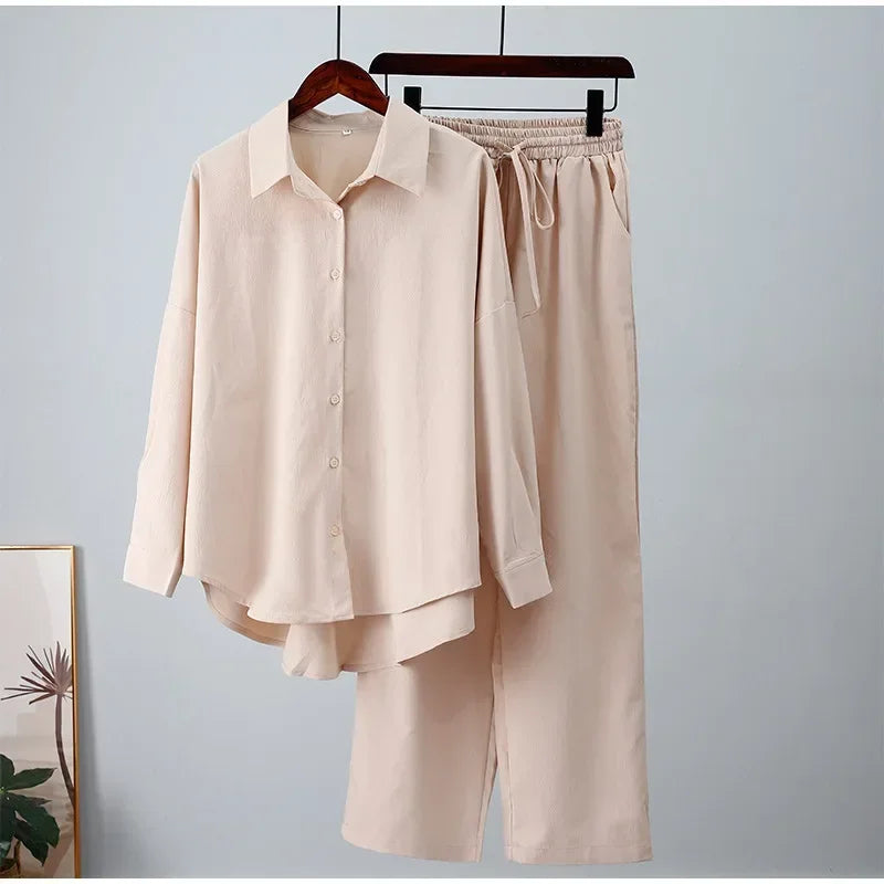 Holiday Wide Leg Pants Set Two Piece Set Women Vintage Boho Maxi Shirt Autumn Casual Loose Work Streetwear Y2k 2025 Outfits