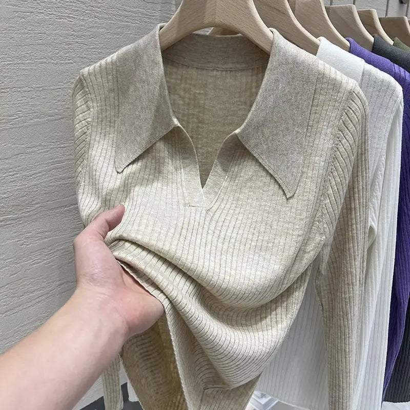 New 2025 Women's Turn-down Collar Long Sleeve Knitted Shirts Tops Solid Thin Sweater Female Elegant Knitwear Jumper Pullovers