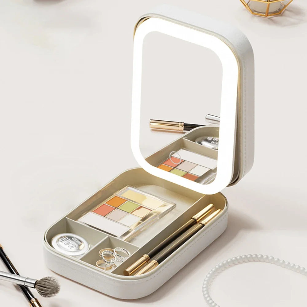 Makeup Storage Box With Led Light Mirror Portable Travel Cosmetic Case Touch Light Makeup Brushes Beauty Tools Storage Organizer