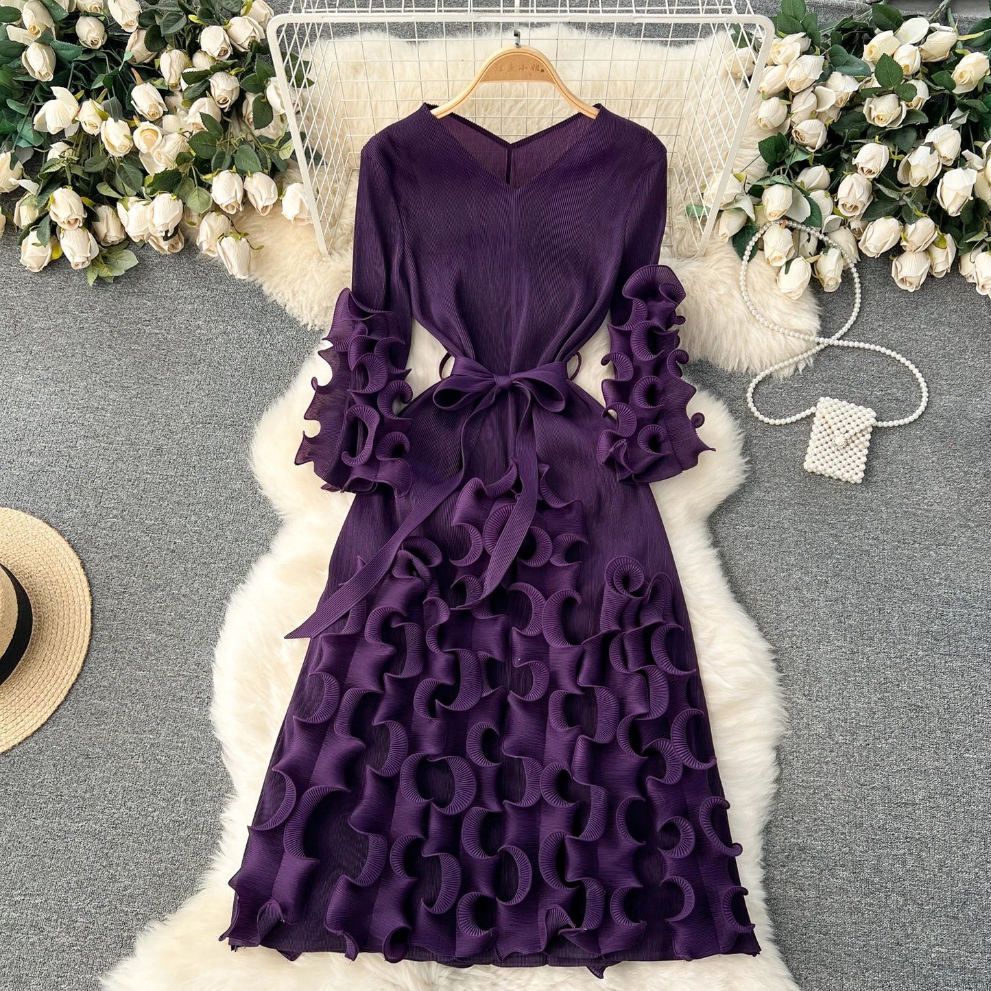 European Court Style Dress Miyake for Women A Design Sense Tassel V-neck Slim Fit Long High-temperature Pleated Flared Sleeve