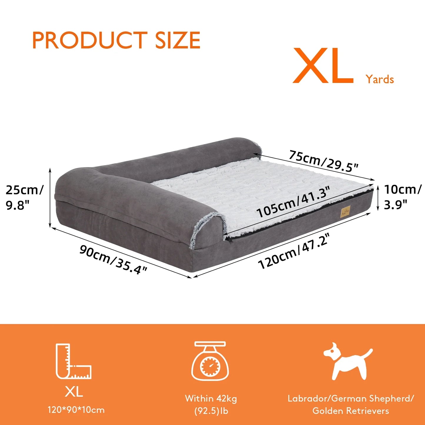 BigngoPaw Heavy Duty Dog Bed for Large Medium Super Soft L-shape Pet Calming Bed Chaise Sofa Kennel Mat w/ Removable Plush Cover