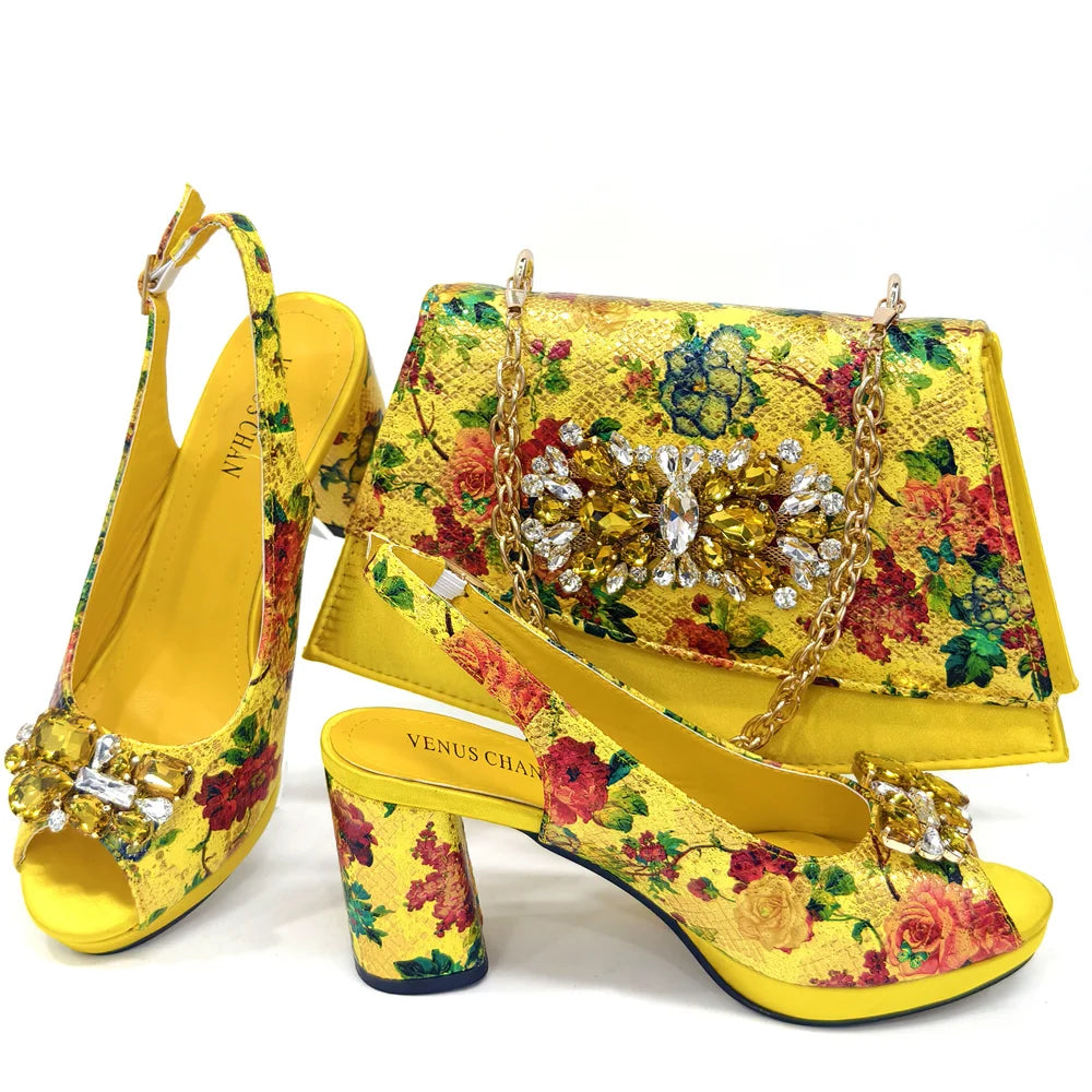 Venus Chan Italian Sandals and Bags Matching Set 2024 Women Heel Party for Gold Colour Wedding Bigger Size Thick Heel Shoes