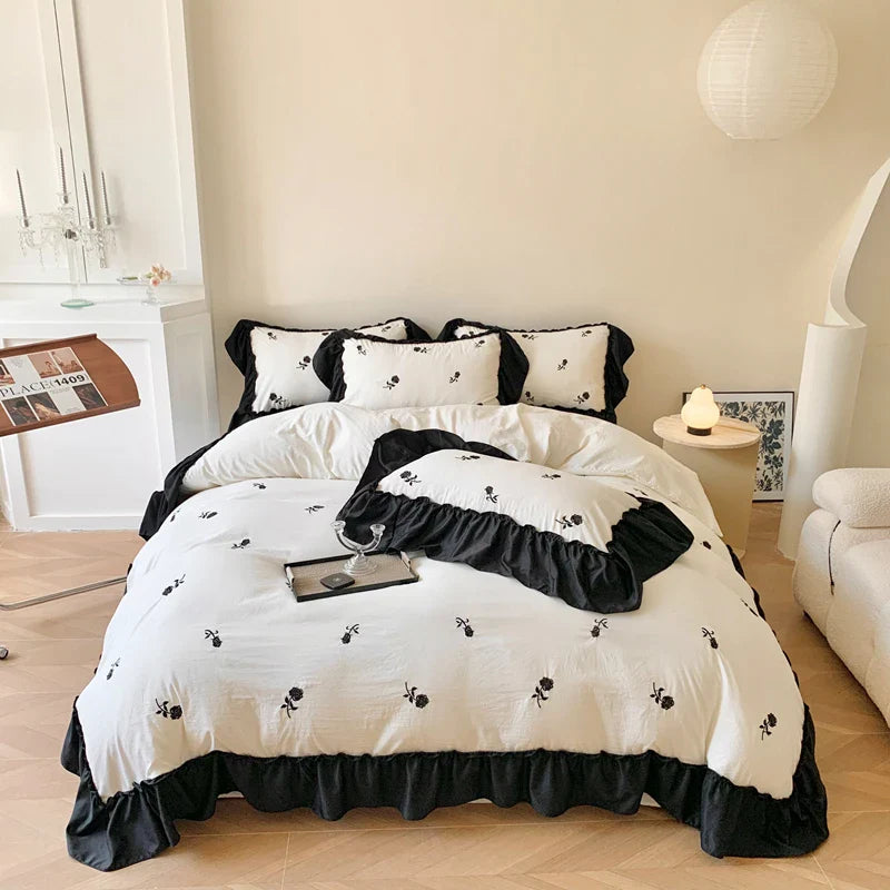 3pcs Rose Embroidered Duvet Cover Set (1*Duvet Cover + 2*Pillowcase, Without Core), Princess Style Lace Bedding Set