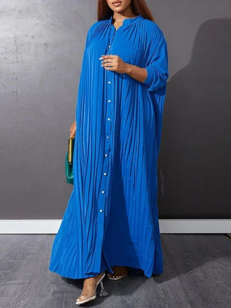 Autumn and Winter Fashion New Women's Loose Round Neck Single Breasted Pleated Temperament Obese Women's Long Sleeved Dress