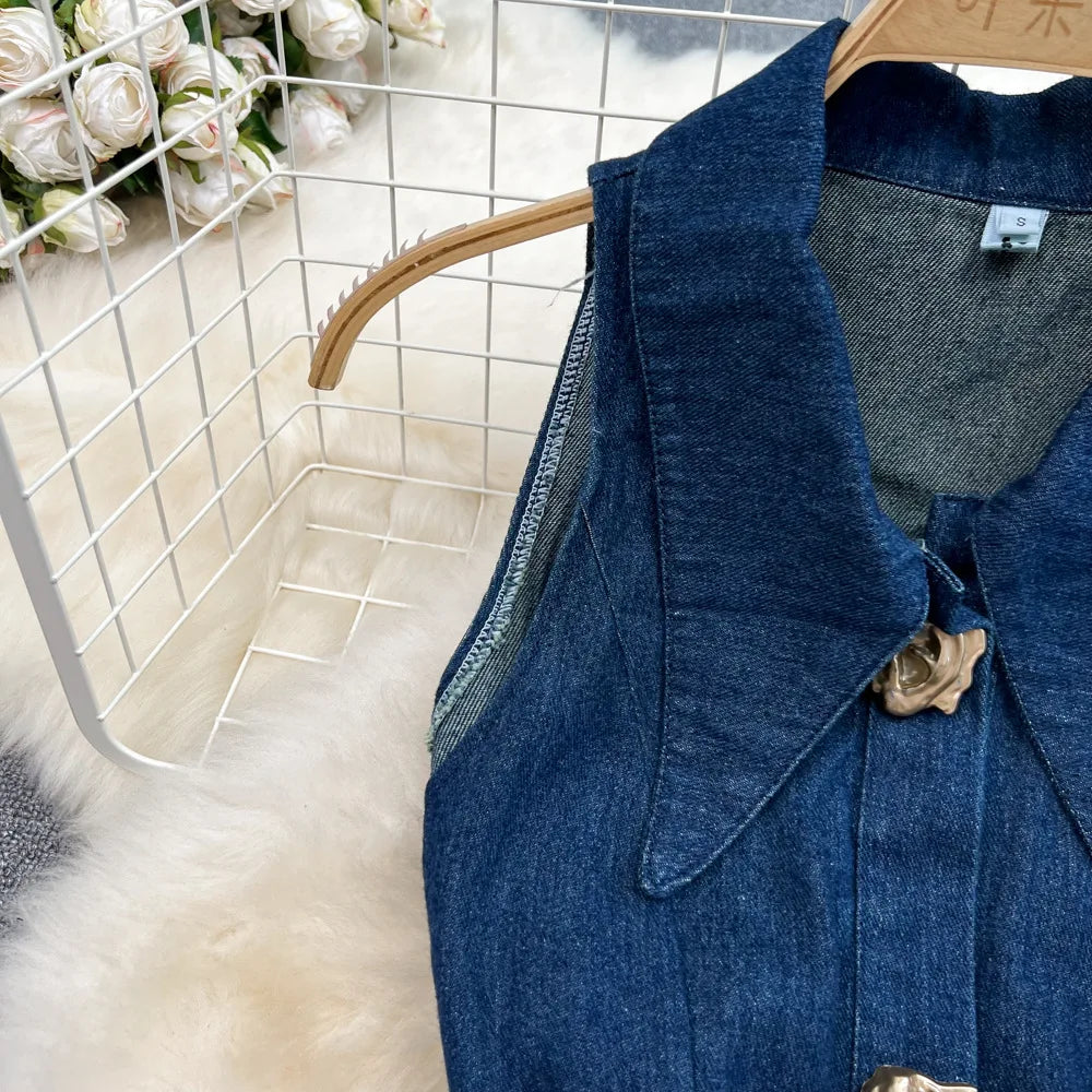 Denim Dress Women Long Dresses Turn Down Collar Sleeveless Party Club Hollow Out Jeans High Waist Slim Single Breasted Vestidos