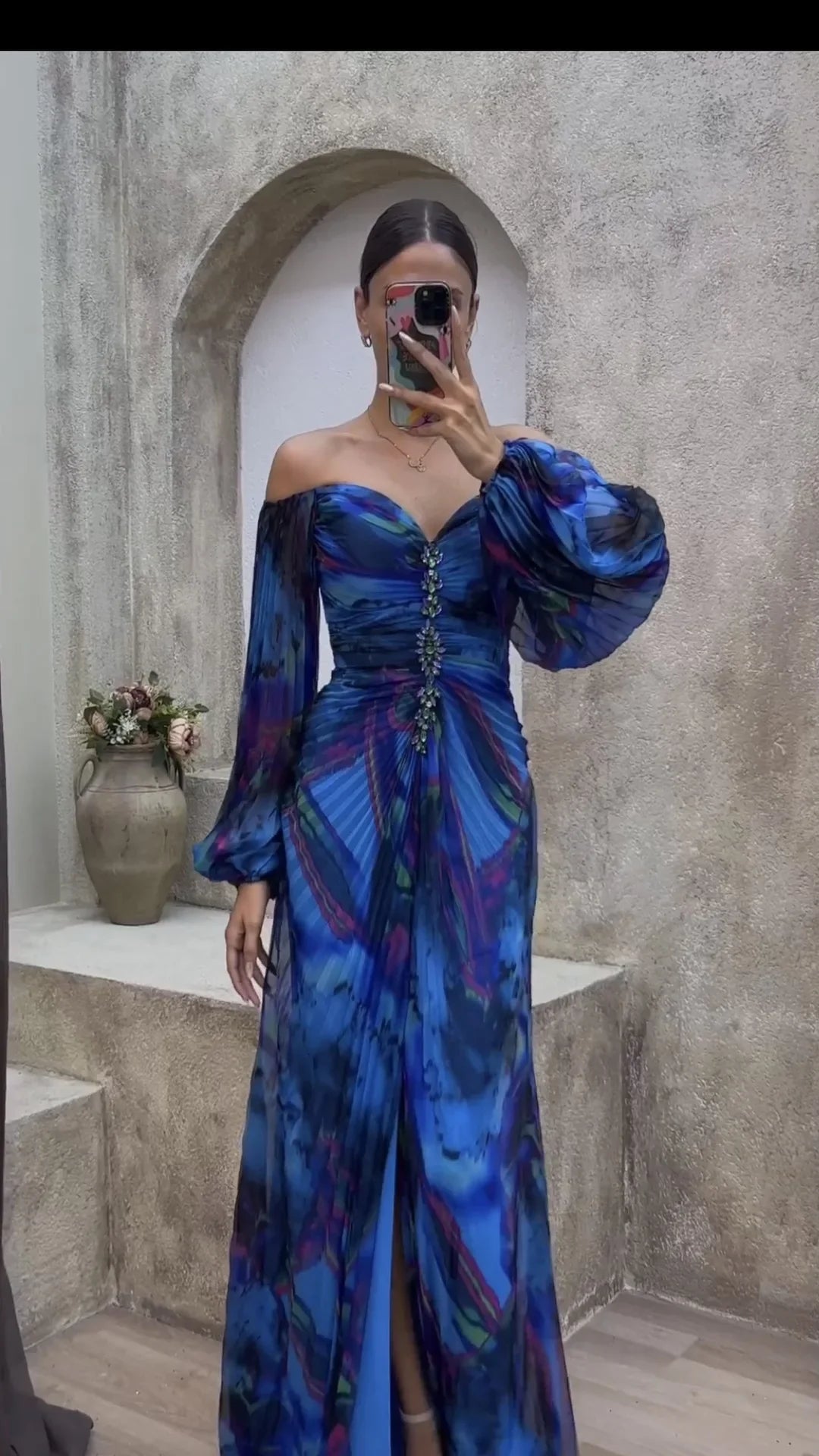 Women Floral Lantern Long Sleeve Dress Elegant Rhinestone Off Shoulder Maxi Dresses Sexy Deep V-neck  Waist Split Parties Dress