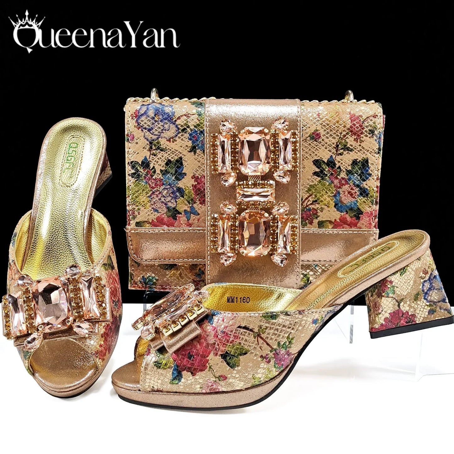 QSGFC Italian Sandals and Bags Matching Set 2024 Women Heel Party for Rose Gold Colour Wedding Bigger Size Thick Heel Shoes