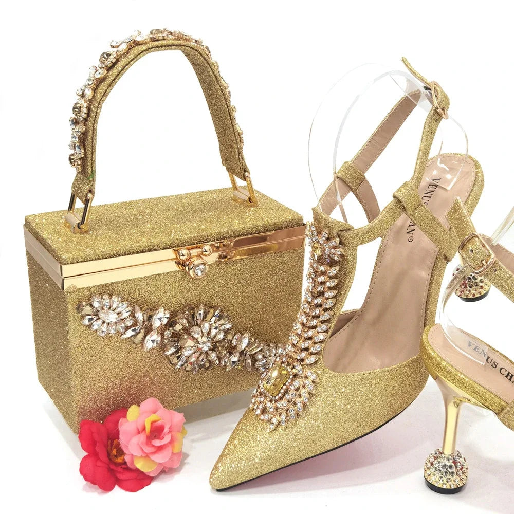 Women's Diamond Decorated Pointed Toe Italian Shoes And Bag Set