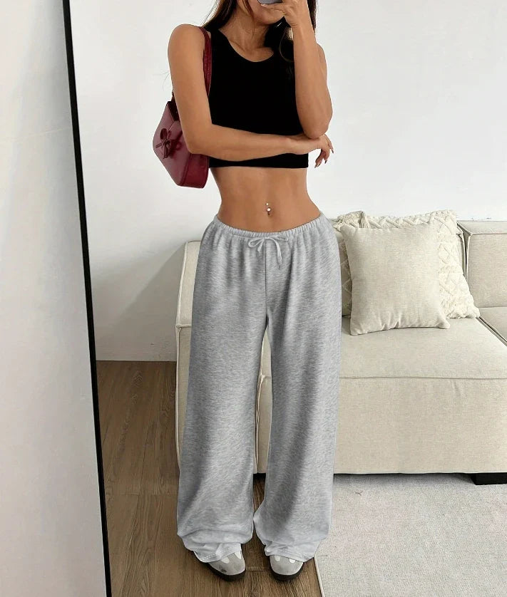 Women Casual Straight Leg Loose Solid Color Elastic Drawstring High Waisted Wide Leg Pants