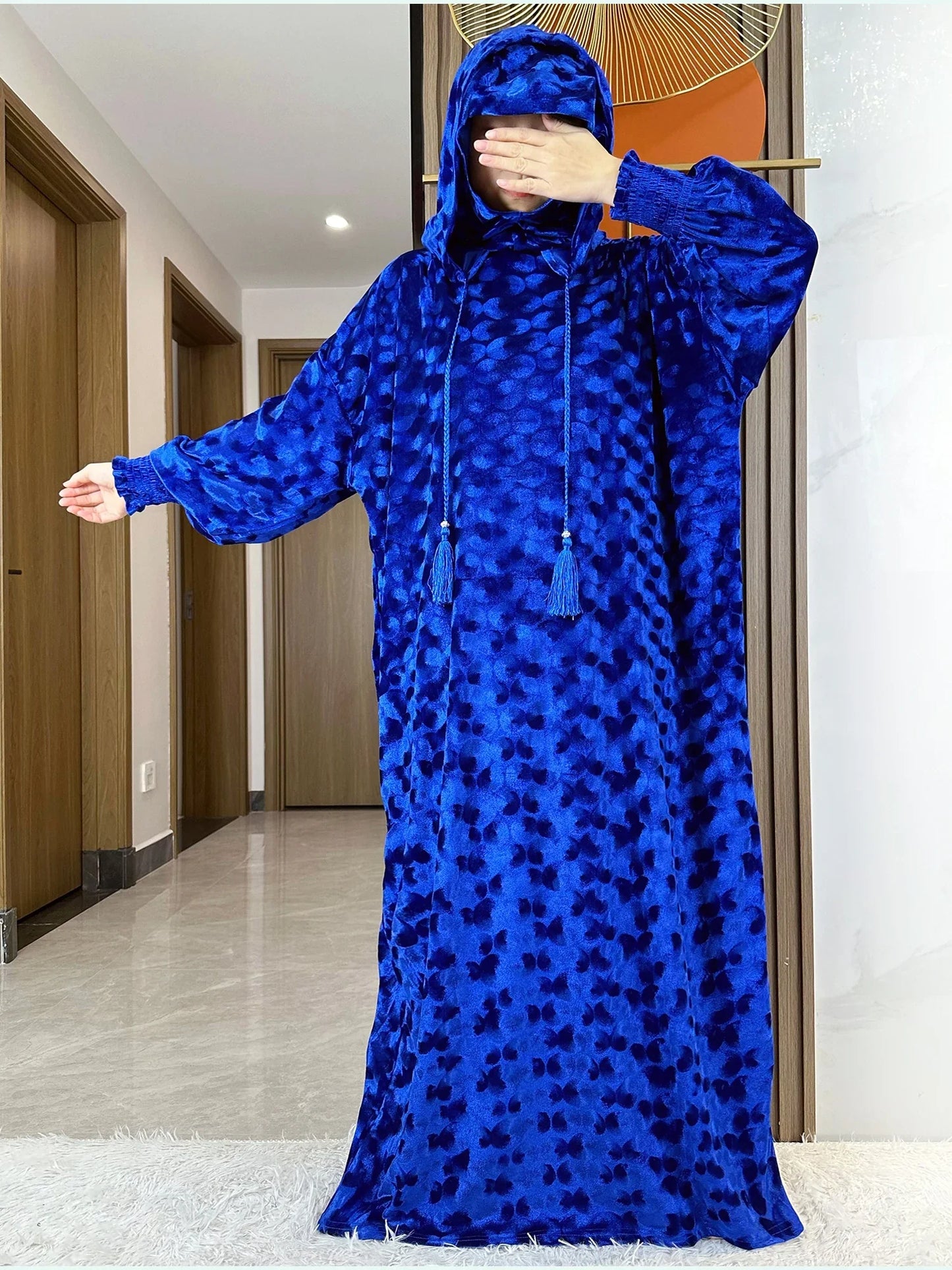 High Quality Velvet Fabric 2025 Ramadan Muslim Lady's Abaya Two-Hats Dubai Turkey Style Islamic Prayer Clothing Kaftan Dress