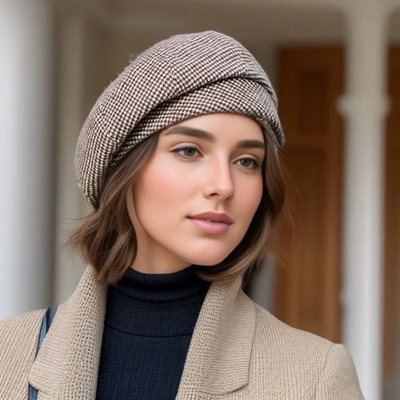 Women Wool Beret for Elegant Lady Winter Female Cotton Hats Plaid Vintage Octagonal Casual Autumn Cap