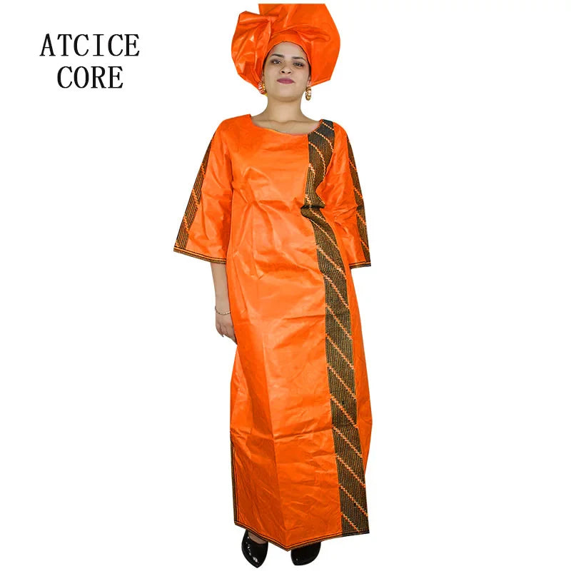 African Bazin Riche Embroidery  For Women Long Dress With Scarf
