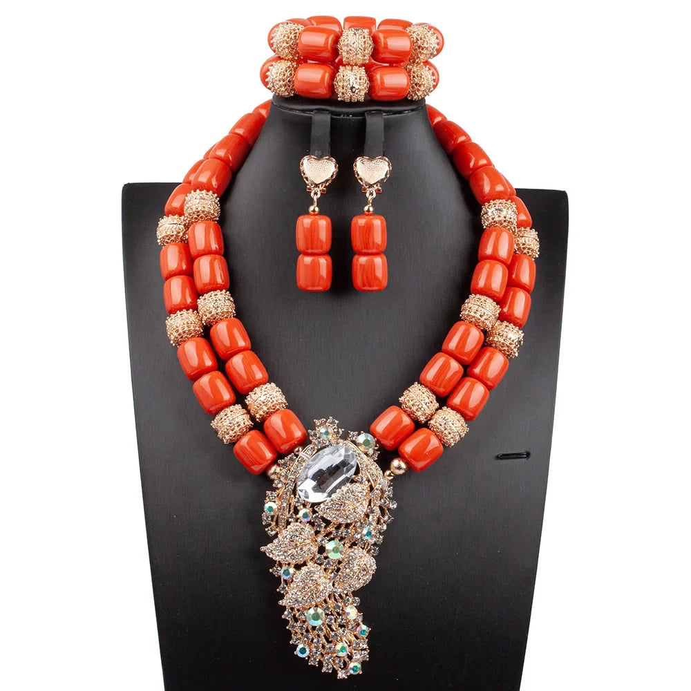 Fabulous Artificial Coral Wedding African Beads Jewelry  Luxury Bride Costume Statement Necklace Jewelry