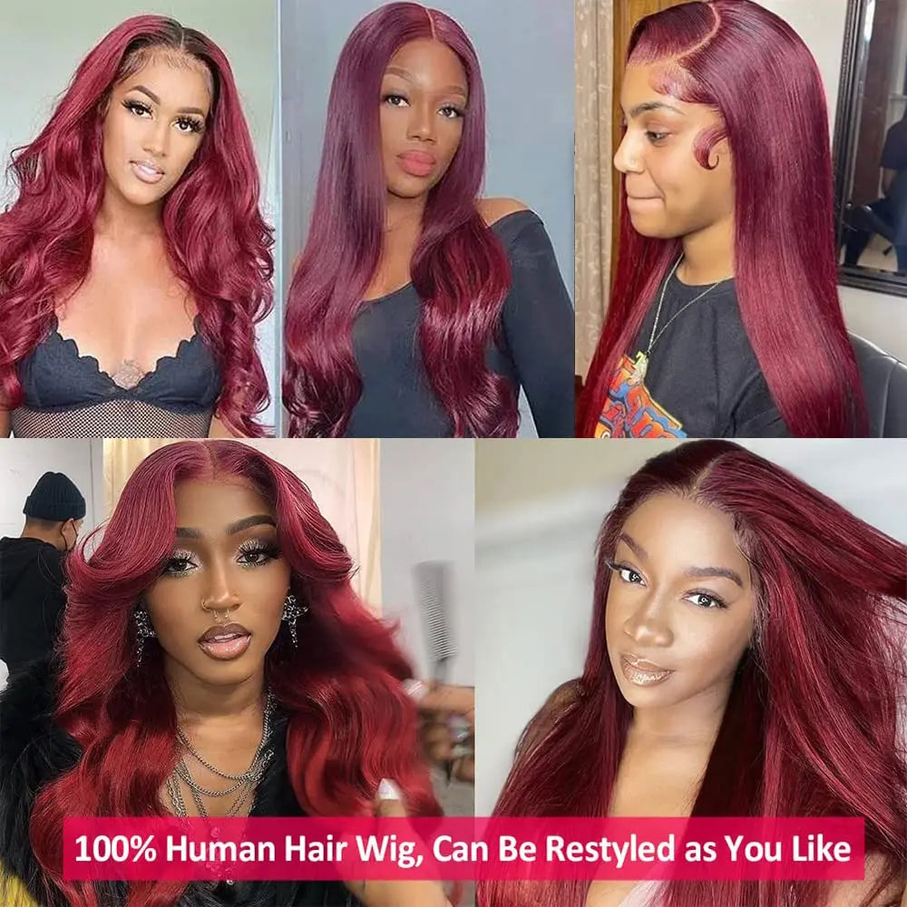 200 Density 13x4 HD Transparent Lace Front Wig for Black Women Straight Remy Human Hair Wigs 99J Burgundy Color Glueless