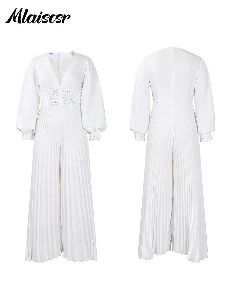 Mlaiscsr Elegant Evening Party Jumpsuit Long Sleeved Waist Pearl Bead Mesh Loose Wide Leg Pleated Long Dinner One Pieces Rompers