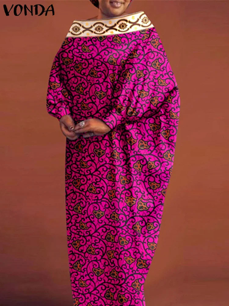 Women's Bohemian Printing Maxi Dress Long Bat-wing Sleeve Elegant Casual Round Neck
