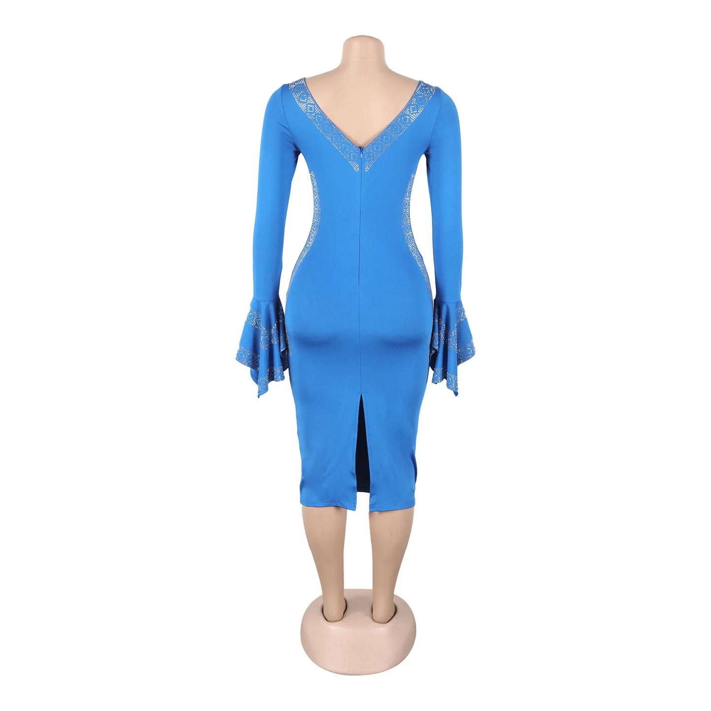 CM.YAYA Women O-neck Elegant Long Flare Sleeve Rhinestones Midi Dress 2025 OL Pencil Streetwear Africa Club Dresses Vestidos