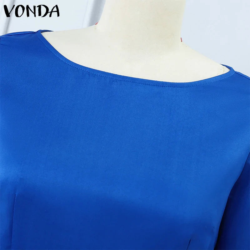 Plus Size 5XL Bohemian Maxi Long Dress 2025 VONDA Women Elegant Satin Dress Ruffle Sundress Casual Vestidos Solid Color Robe
