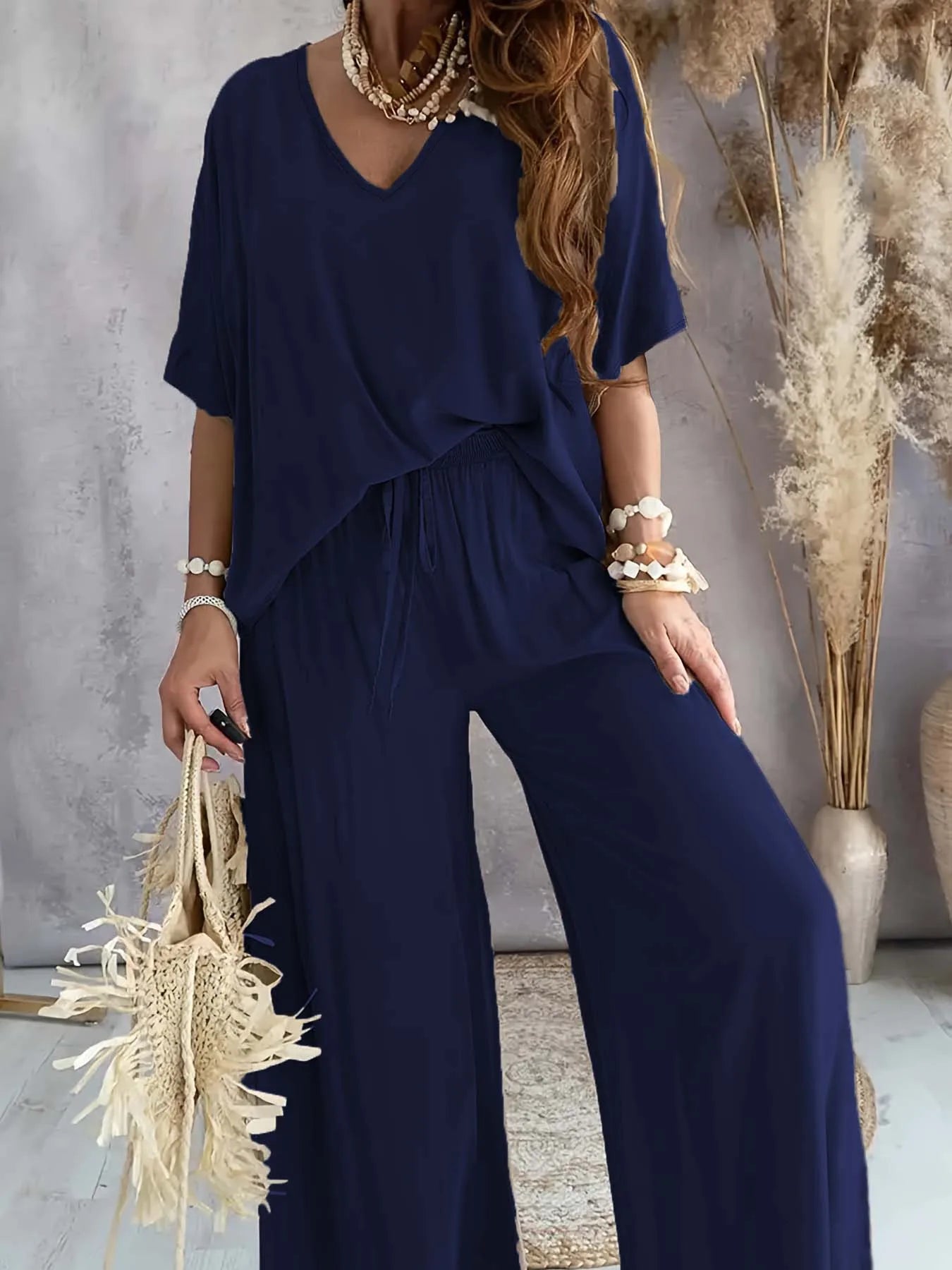Cross border Europe and America 2025V collar bat sleeve casual loose wide leg pants set for women