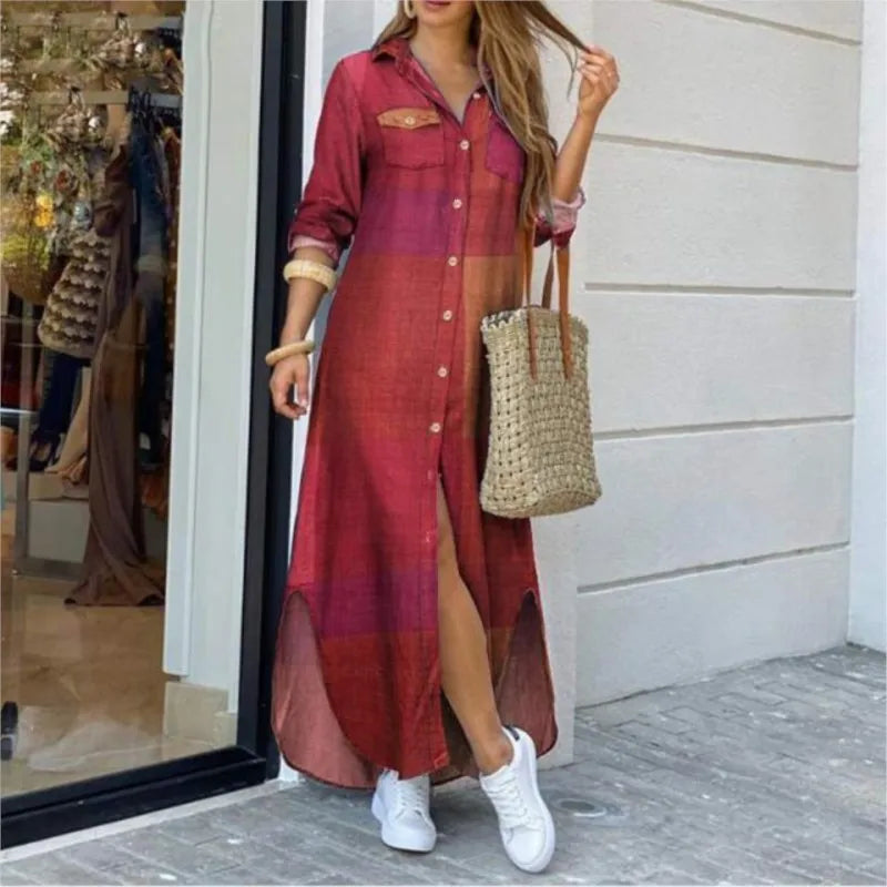 Long Sleeve Dress Plaid Robe Maxi Beach Dress Summer Elegant Women Button Irregular Shirt Dress Split Print Lapel Party Robe