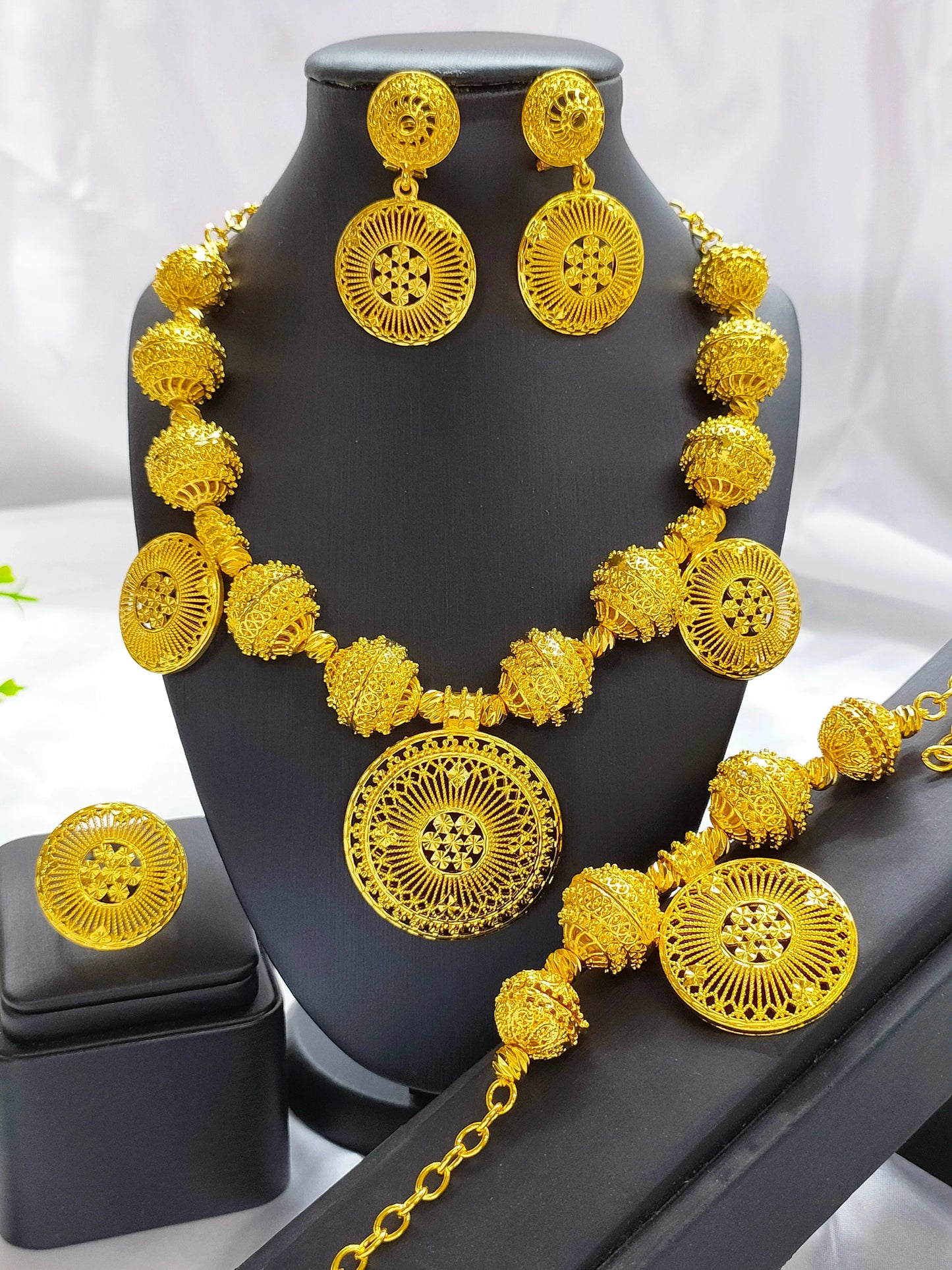 New Dubai African Bead Jewelry Set for Women Party Gifts Wedding Accessories 24K Gold Color Necklace Ring Bangle Earrings Sets