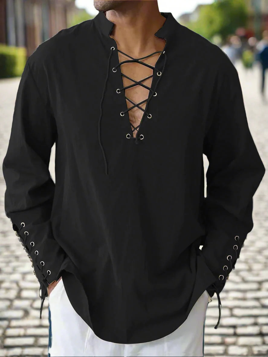 Men’s Medieval Viking Pirate Renaissance Long-Sleeve Cosplay Shirt – Halloween & Daily Casual