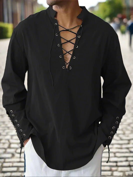 Men’s Medieval Viking Pirate Renaissance Long-Sleeve Cosplay Shirt – Halloween & Daily Casual
