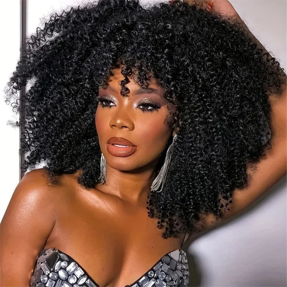 Curly Afro Wigs for Black Women Short Curly Wig with Bangs Kinky Curls Curly Hair Synthetic Wigs for African American Women